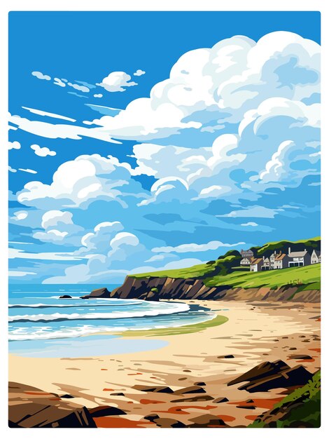 Porthtowan cornwall vintage travel poster souvenir postcard portrait painting wpa illustration