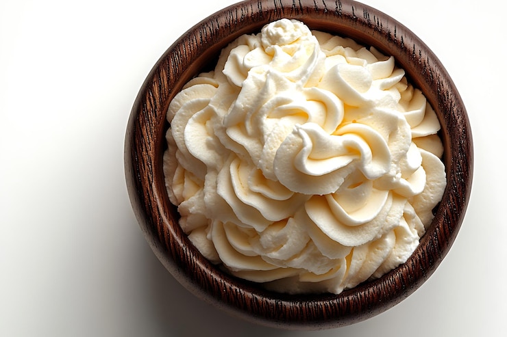 वेक्टर a portion of whipped cream or sour cream twisted into a spiral butter in clay bowl isolated on whit