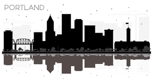 Portland Oregon City skyline black and white silhouette with Reflections Vector illustration