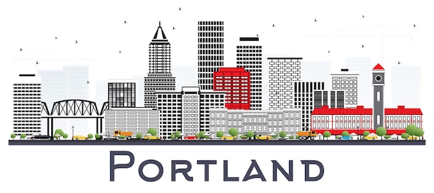 Горизонт города Портленда Орегон с серыми зданиями изолированные на белизне. Векторные иллюстрации. Деловые поездки и концепция туризма с современной архитектурой. Городской пейзаж Портленда с достопримечательностями.