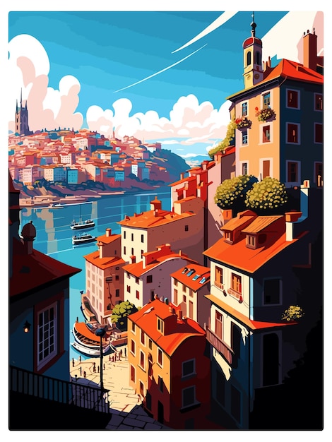 Vettore porto portogallo vintage poster di viaggio souvenir cartolina postale ritratto pittura wpa illustrazione