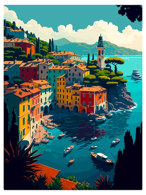 Vector portofino italy vintage travel poster souvenir postcard portrait painting wpa illustration