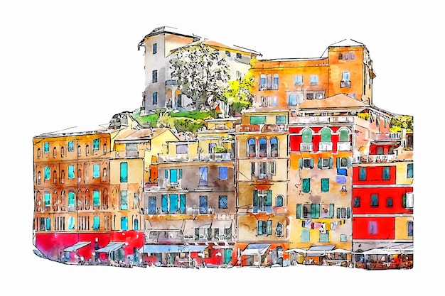 Vector portofino italy watercolor hand drawn illustration isolated on white background