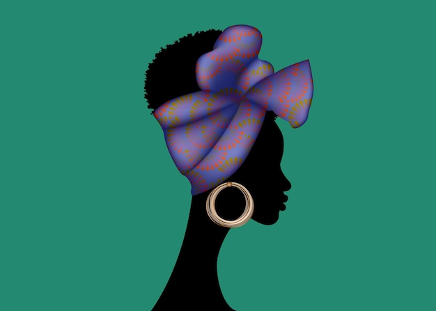 Portrait African woman wears bandana for curly hairstyles. Shenbolen Ankara Head wrap Women. Afro