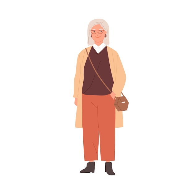 Portrait of aged gray-haired woman wearing stylish casual clothes and accessories. Trendy outfit of old lady. Colored flat graphic vector illustration of modern granny isolated on white background.