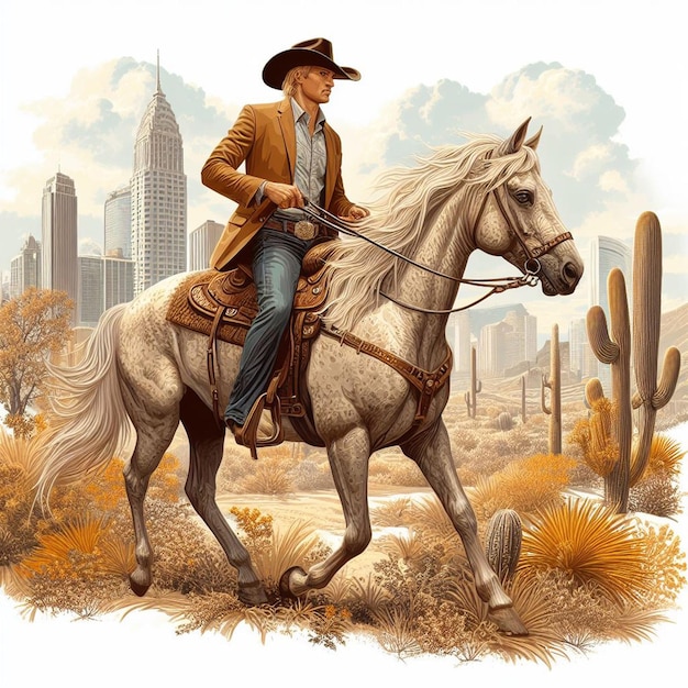 Vettore ritratto di un americano usa maschio a cavallo cavallo squalo a cavallo squalo bianco cowboy vector art illust