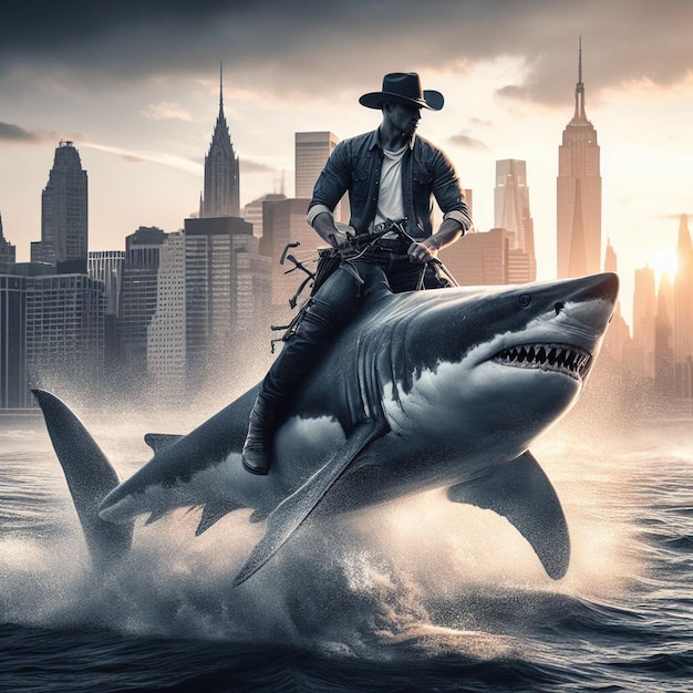 Vettore ritratto di un americano usa maschio a cavallo cavallo squalo a cavallo squalo bianco cowboy arte vettoriale