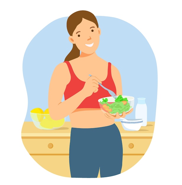 Vector portrait attractive woman hold salad bowl beautiful sport girl in sportswear enjoy eat clean exercise after exercise for health diet and healthy food concept