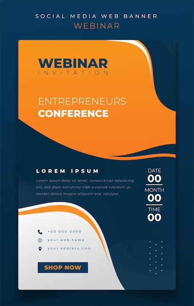 Vector portrait banner in blue and yellow waving shapes design for webinar invitation design