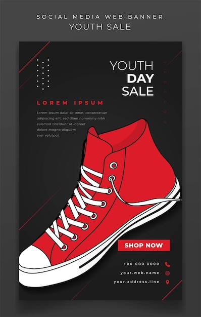 Vector portrait banner design with red sneaker in dark background for online advertising design