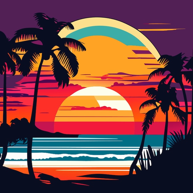 Vector portrait of a beach retro sunset