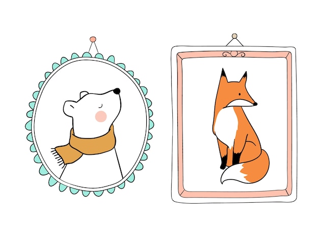 Portrait bear and fox in vintage frame for autumn