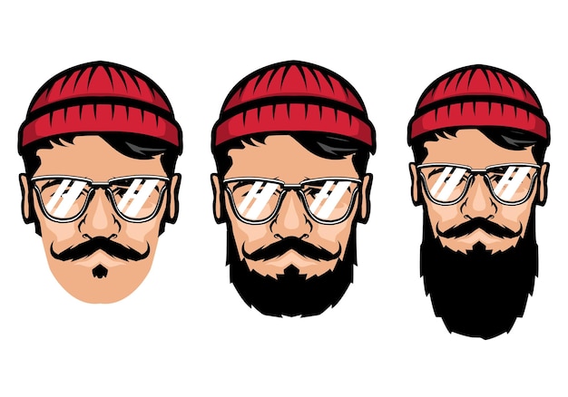 Portrait of bearded men with beanie and glasses man with beard and mustache cartoon