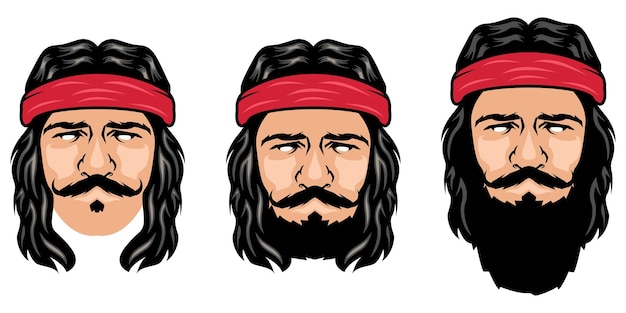 Vector portrait of bearded men with head band man with beard and mustache with head accesories cartoon