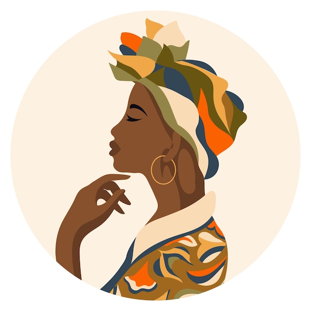 Portrait of a beautiful African woman in a national headdress in profile. Illustration, vector