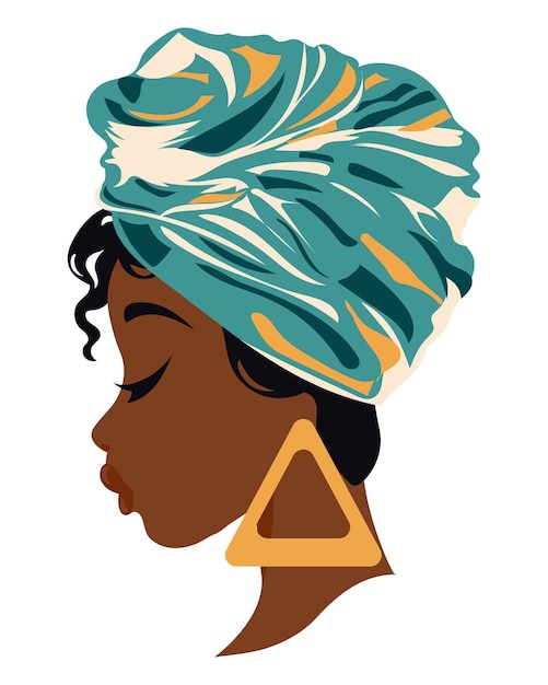 Портрет красивой африканской женщины в традиционном национальном тюрбане. Иллюстрация, вектор