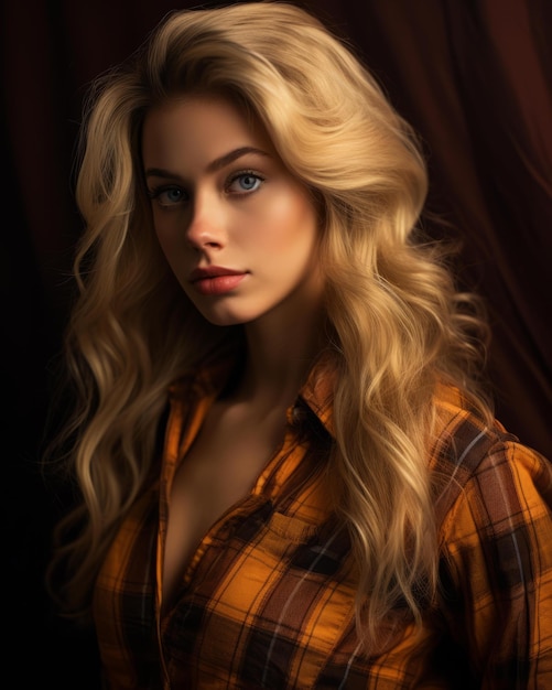 Vector portrait of a beautiful blonde woman in a checkered shirt