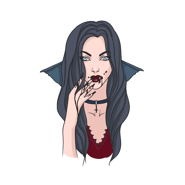 Portrait of beautiful female vampire. Elegant gothic lady with long hair drinking blood.