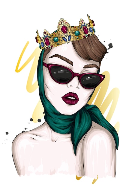 Vector portrait of a beautiful girl in a crown