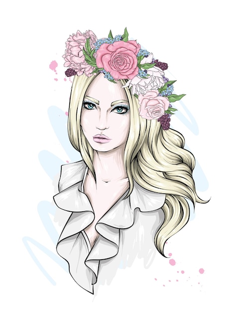 花の花輪の美しい少女の肖像画