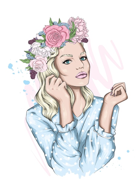 Vector portrait of a beautiful girl in a floral wreath