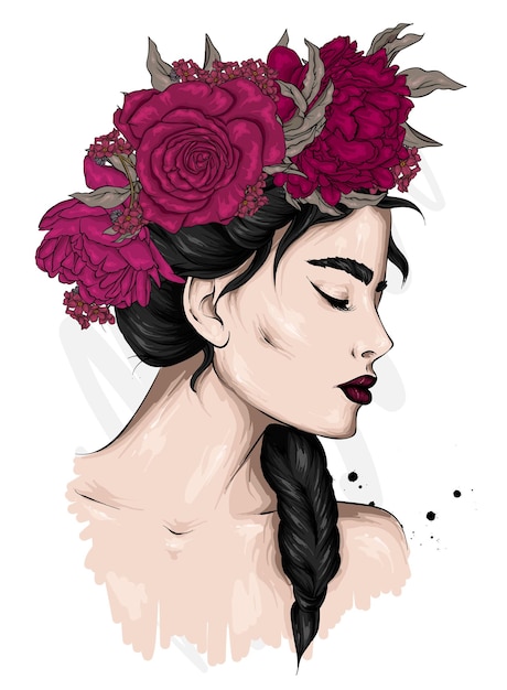 Vector portrait of a beautiful girl in a floral wreath