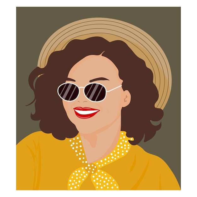 Vector portrait of a beautiful girl in sunglasses and a hat illustration in retro style