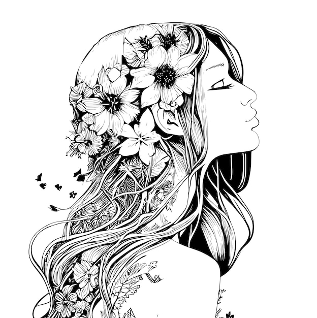 Vector portrait of a beautiful girl with long flower hair sketch hand drawn vector illustration.