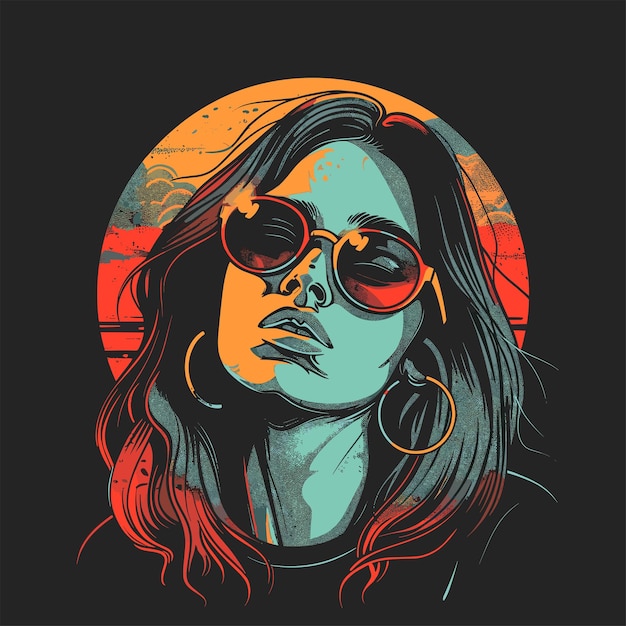 Portrait of beautiful girl with long hair in sunglasses Vector illustration