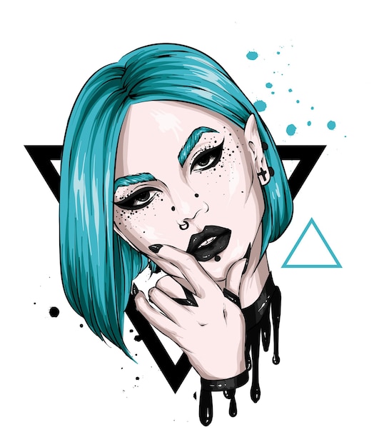 Vector portrait of a beautiful girl with piercings