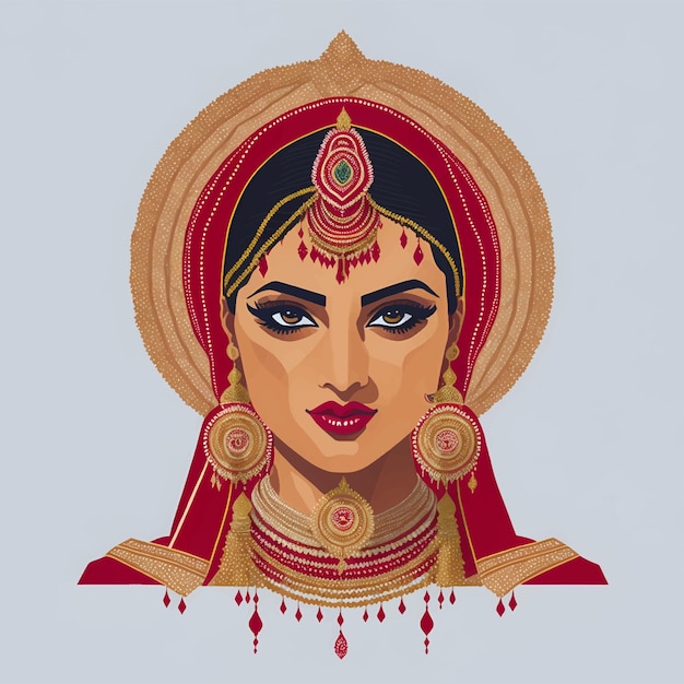 Portrait of Beautiful Indian Bride Face Vector Illustration