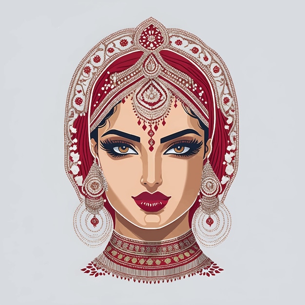 Portrait of Beautiful Indian Bride Face Vector Illustration