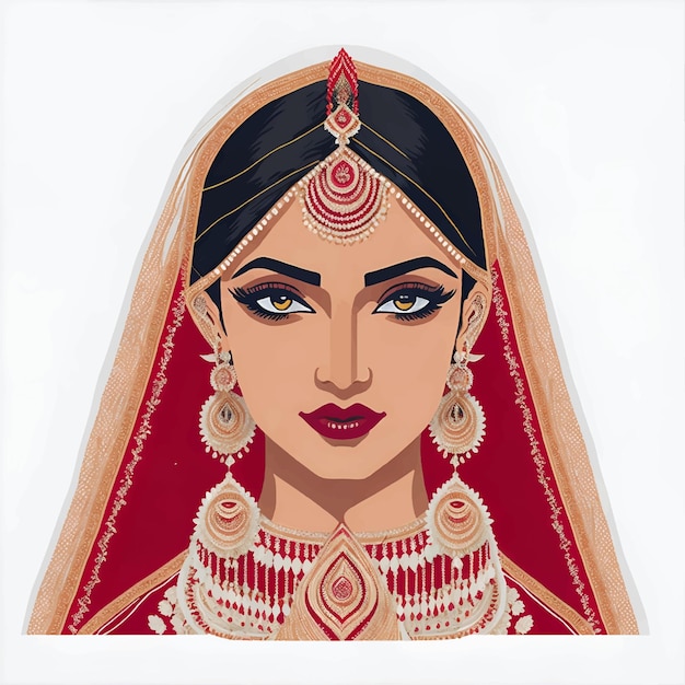 Portrait of Beautiful Indian Bride Face Vector Illustration