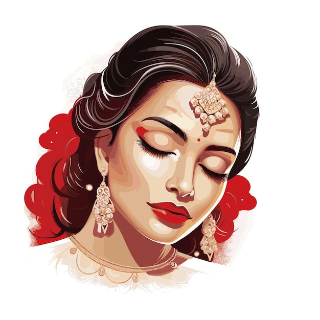 Vector portrait of beautiful indian bride face with closed eyes