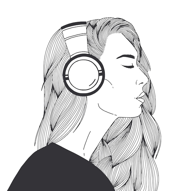 Portrait of beautiful long-haired young woman wearing headphones drawn with black contour lines