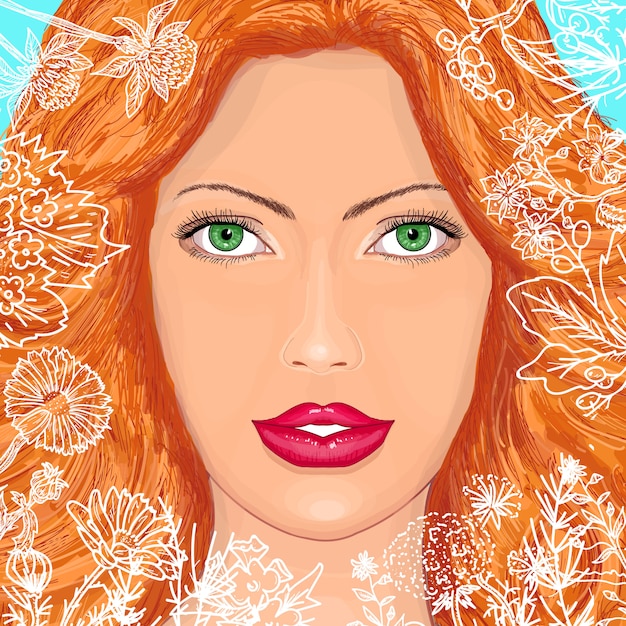 Vector portrait of a beautiful woman in flowers