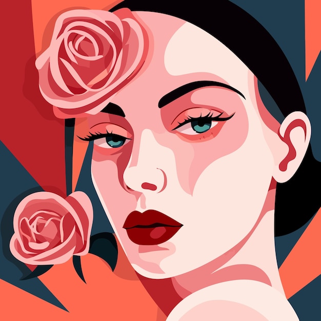 Portrait of a beautiful woman with flowers Abstract painting of a woman Vector illustration