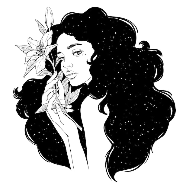 Portrait of beautiful woman with flowers Black and white ink illustration