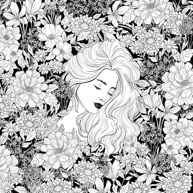 花と美しい女性の肖像画黒と白のインクイラスト