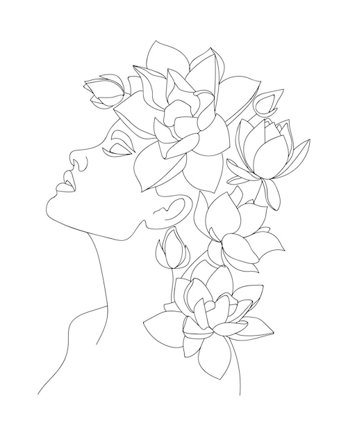 Portrait of beautiful woman with lotus flowers on head.  Line drawing. - Vector illustration.