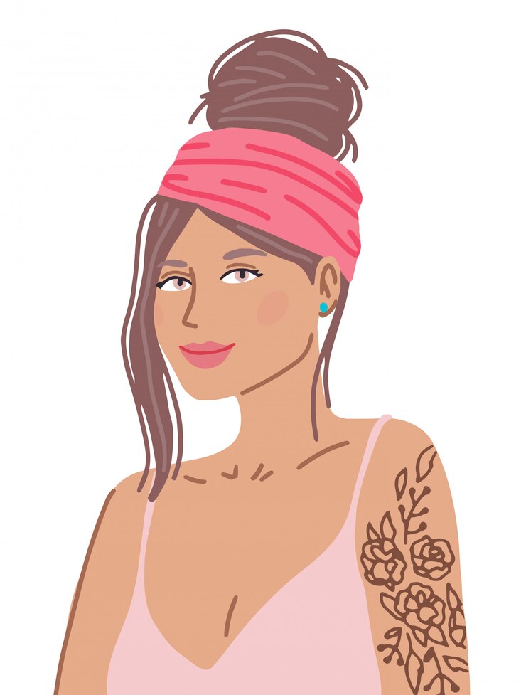 Vector portrait of a beautiful woman with tattoo. girl face illustration isolated. female character flat illustration.