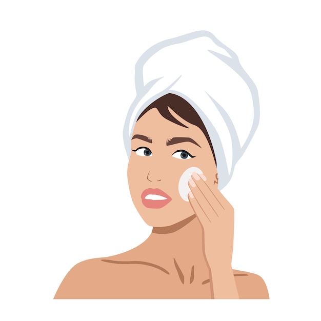 Vector portrait of a beautiful woman with a towel on her head cleaning her face skincare or spa concept