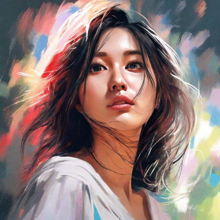 Vector 美しい若いアジア人女性の肖像画 長いの水彩画 肖像画 ビューティフ