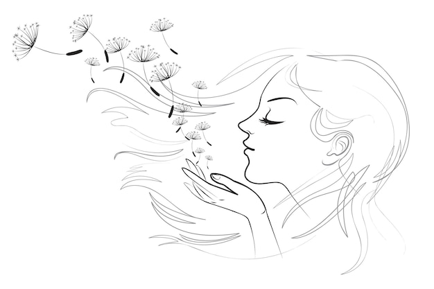 Portrait of beautiful young long-haired woman. Hair fluttering wind. Girl blows away dandelion fluff. Vector illustration