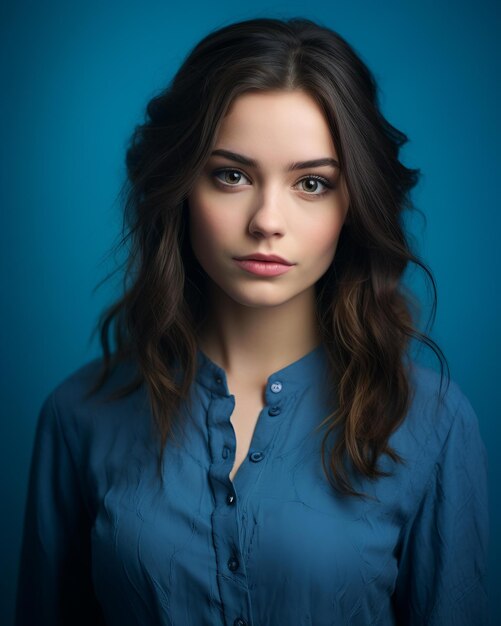 Portrait of beautiful young woman on blue background