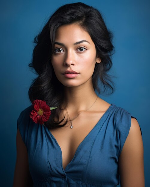 Ritratto di una bella giovane donna con un fiore rosso su uno sfondo blu