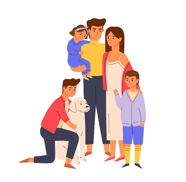 Portrait of big happy family standing together. Young smiling parents, children, baby and dog. Couple with kids and pet. Colored flat cartoon vector illustration isolated on white background.