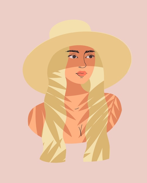 A  portrait of blonde woman with long hair in a swimsuit and a hat under the shade of a palm tree