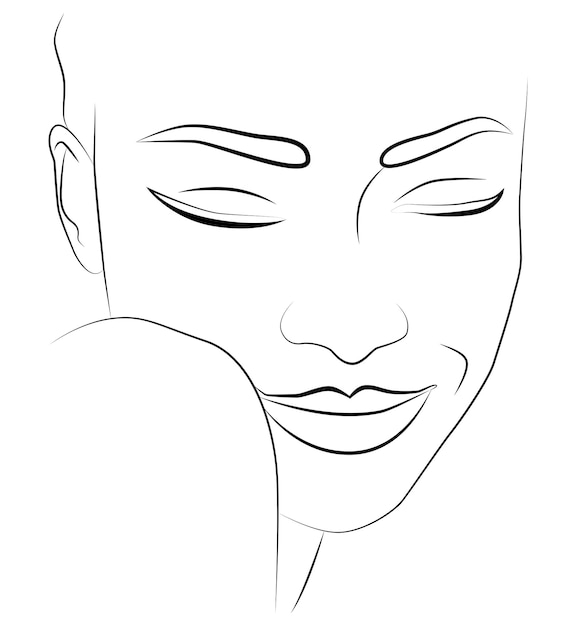 Portrait by line The face of a young girl with her eyes closed drawn in one line