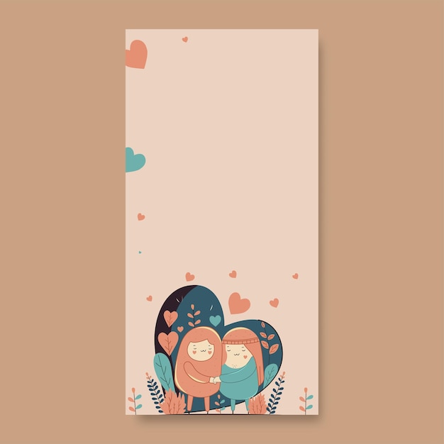 Portrait of Cartoon Arabian Couple Embracing With Leaves Hearts Decorated On Pastel Peach Background And Copy Space